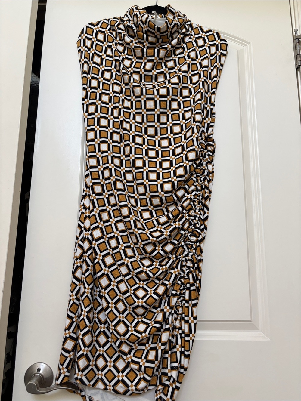Anthropologie Geometric Ruched Midi Dress in Black, White & Gold